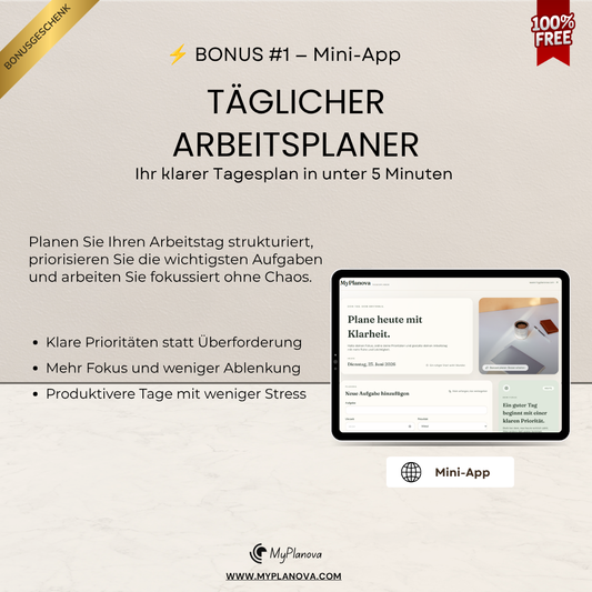 Advertisement for a daily-work plannerr app with a tablet displaying an app interface on a beige background.