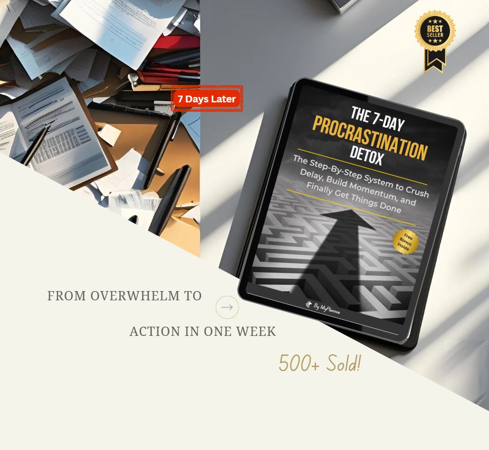 Tablet displaying 'The 7-Day Procrastination Detox' book cover with a desk background.