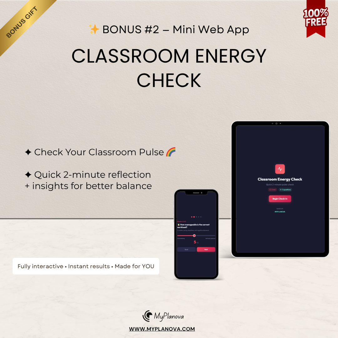Advertisement for 'Classroom Energy Check' app on a tablet and phone with promotional text.
