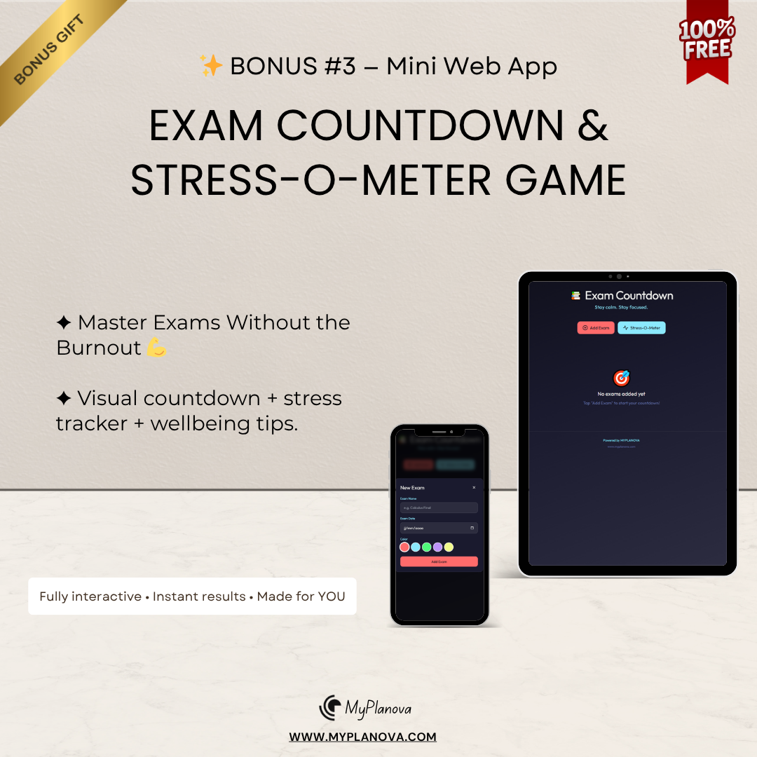 Advertisement for a Exam Countdown game on a tablet and phone with promotional text.