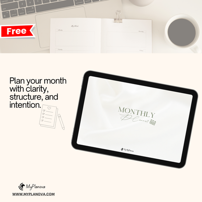 Tablet displaying 'Monthly Planner' on a desk with a laptop and coffee cup.