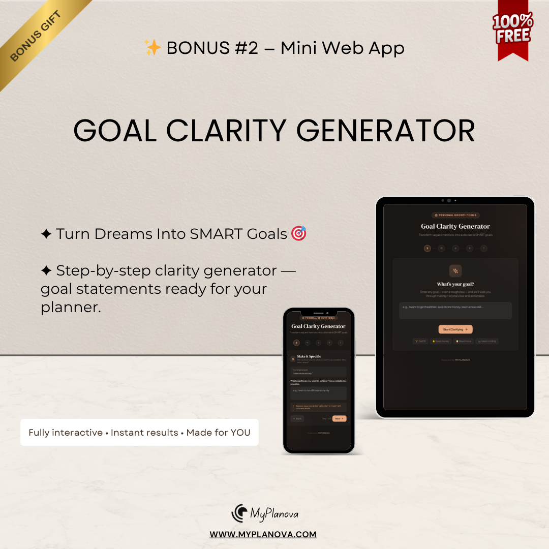 Advertisement for Goal Clarity Generator with smartphone and tablet displaying app interface on a light background.