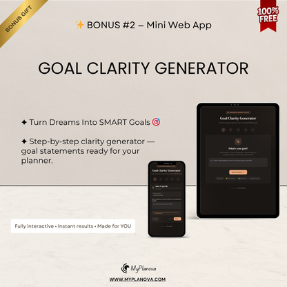 Advertisement for Goal Clarity Generator with smartphone and tablet displaying app interface on a light background.