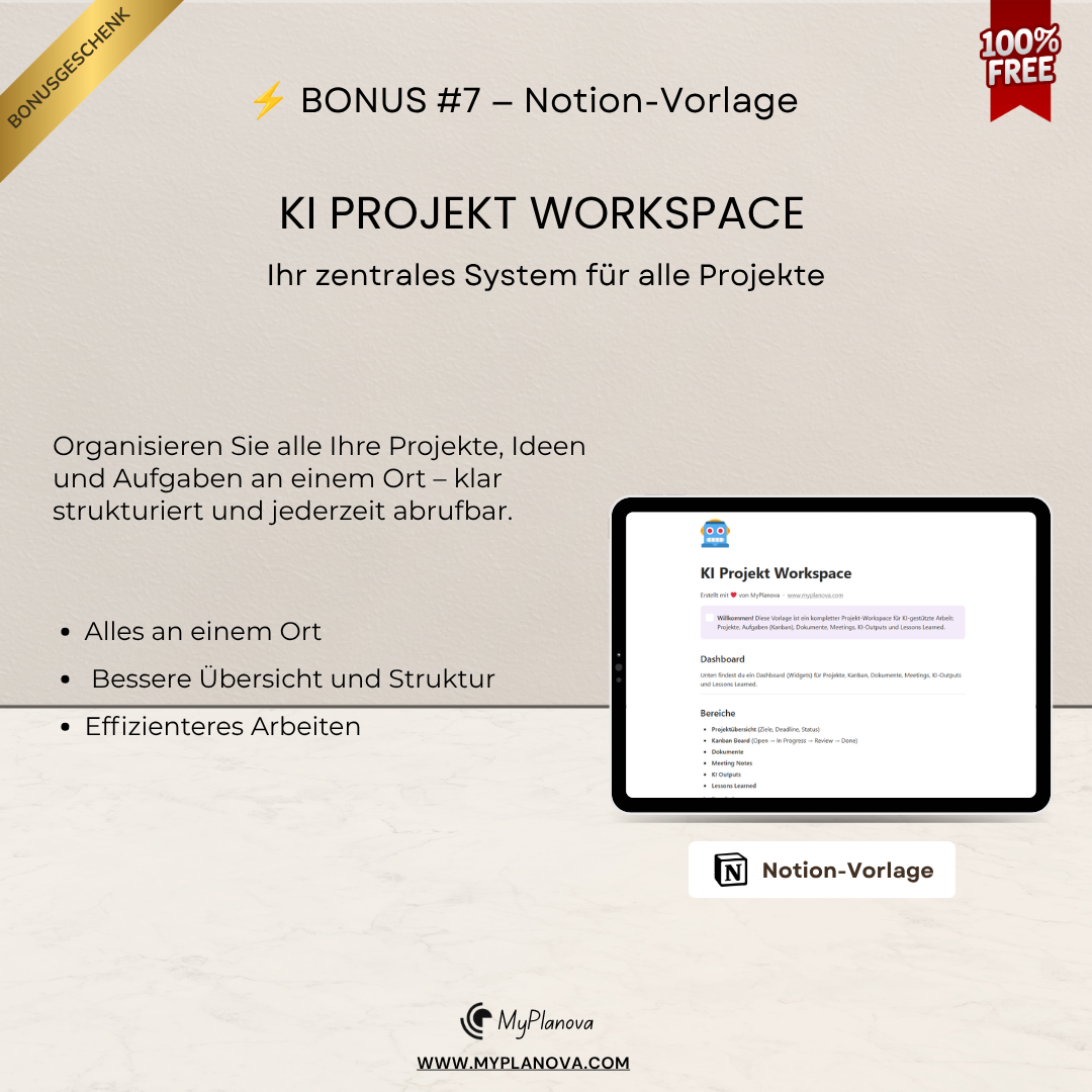 Advertisement for KI Projekt Workspace with a tablet displaying the software interface on a beige background.