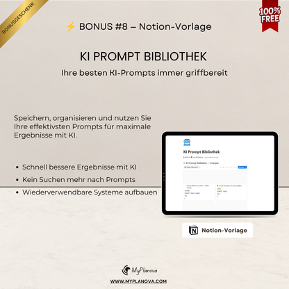 Promotional graphic for KI Prompt Bibliothek with tablet displaying the software on a light gray background.