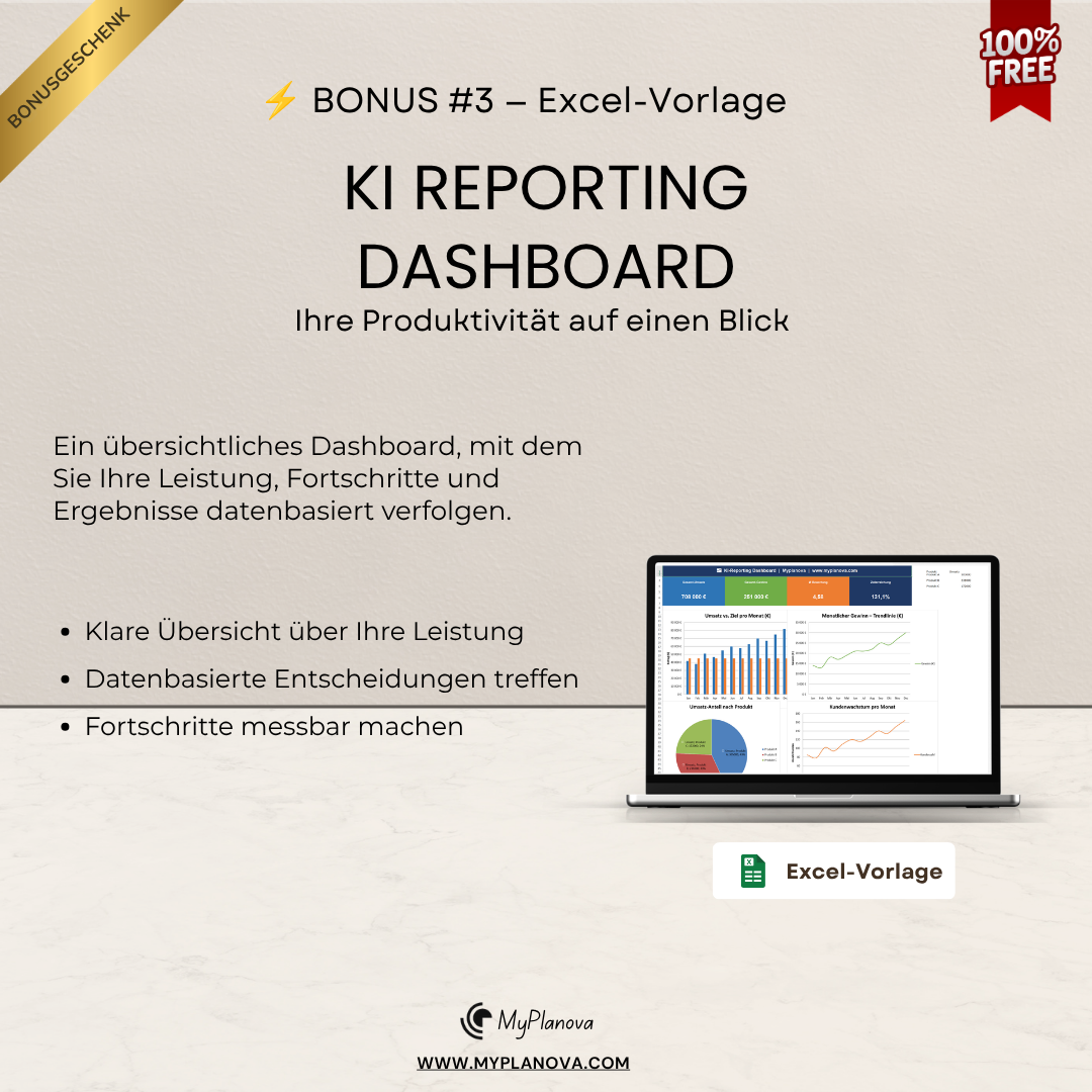 Advertisement for a KI Reporting Dashboard with a laptop displaying a dashboard on a light background.