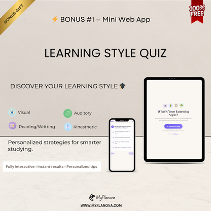 Advertisement for a learning style quiz with smartphone and tablet displaying quiz interface, featuring MyPlanova brand.