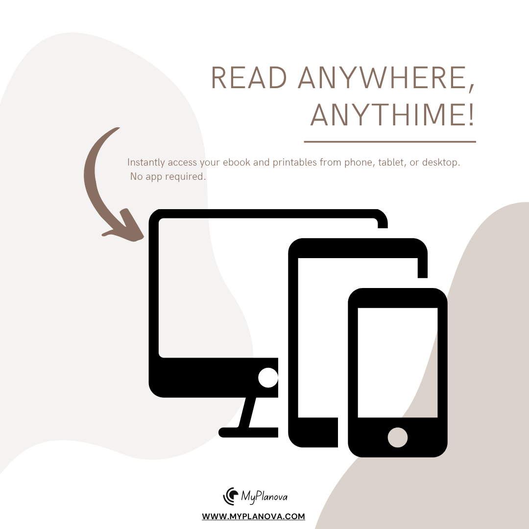 Promotional graphic for reading anytime, anywhere with electronic devices on a light background.