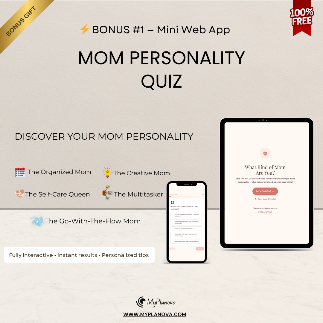 Advertisement for a mom personality quiz with smartphone and tablet displaying quiz interface, featuring MyPlanova brand.