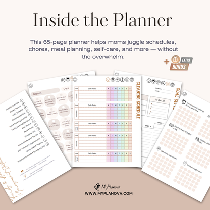 Planner pages with various sections on a beige surface, featuring text about its benefits.