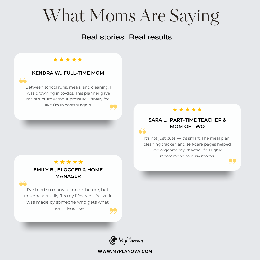 Reviews from moms using a planner with text and ratings on a white background.