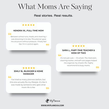 Reviews from moms using a planner with text and ratings on a white background.