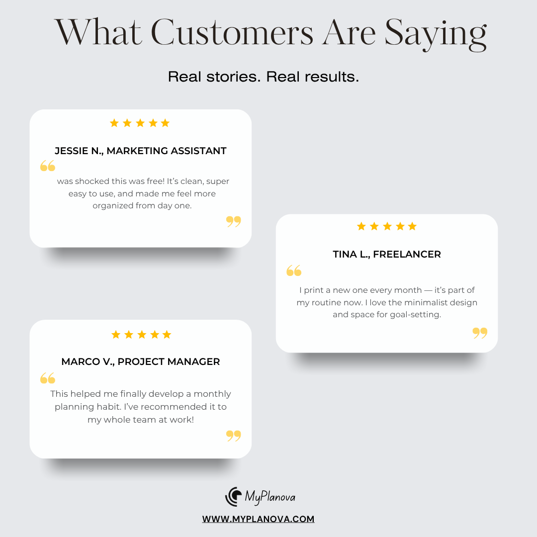 Reviews from customers on a light gray background with MyPlanova branding.