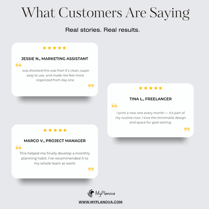 Reviews from customers on a light gray background with MyPlanova branding.