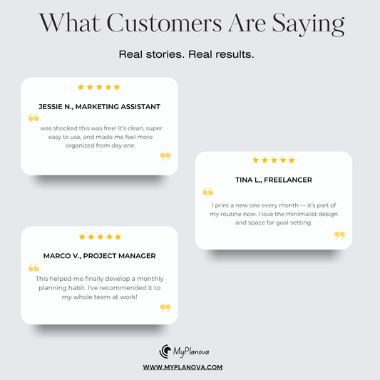 Reviews from customers on a light gray background with MyPlanova branding.