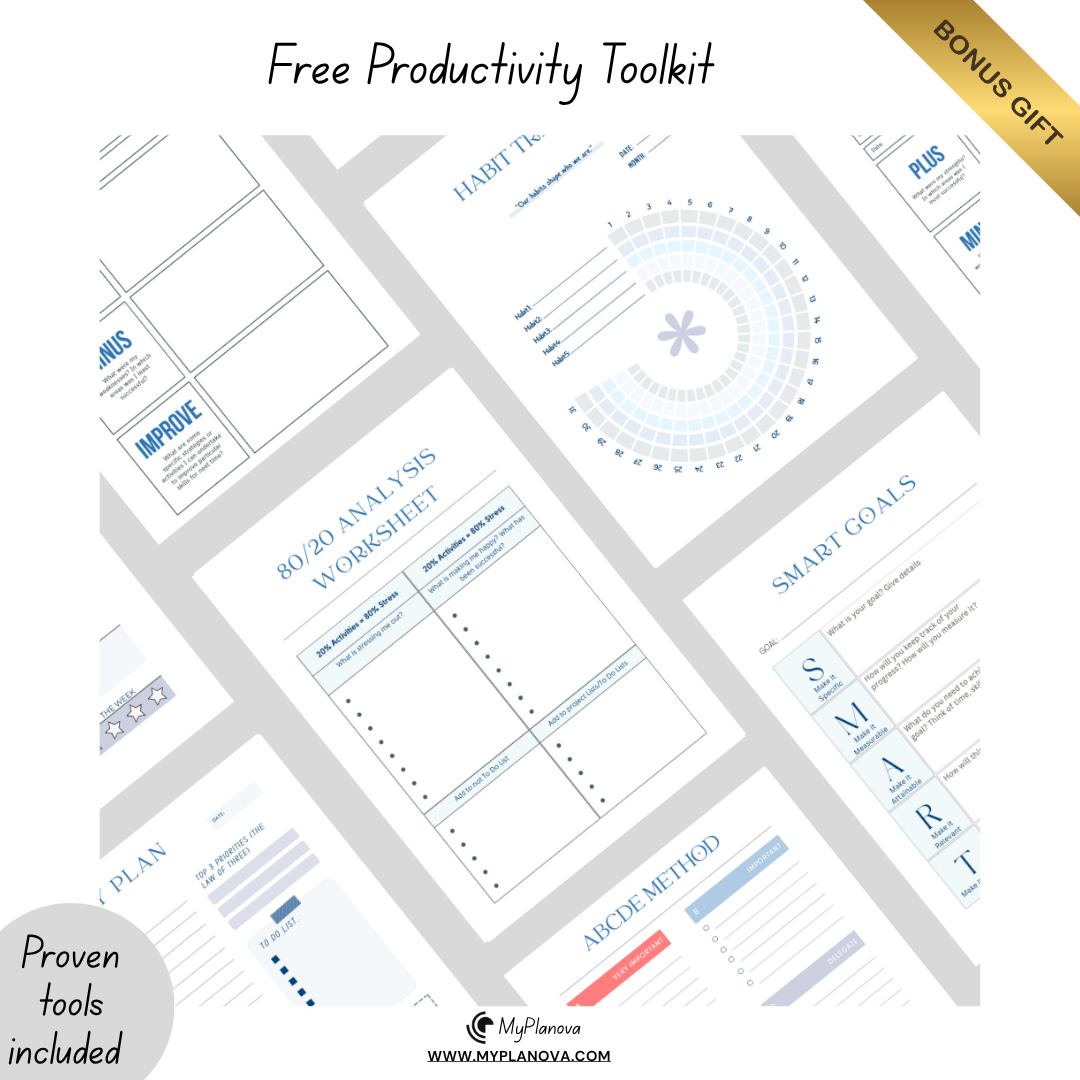 Collage of printable productivity templates included as a free bonus with the ebook