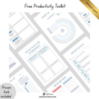 Collage of printable productivity templates included as a free bonus with the ebook