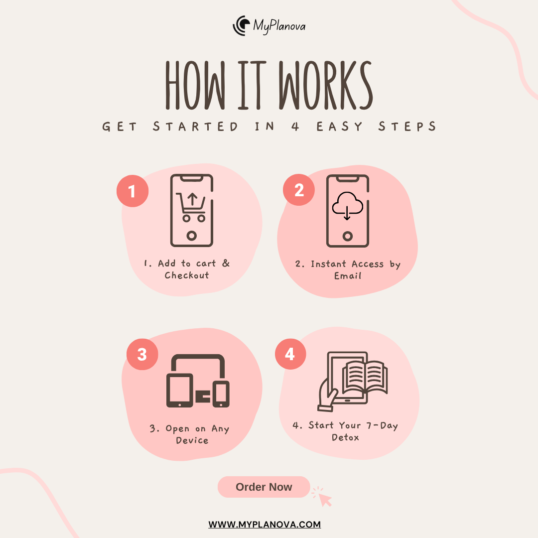 Step-by-step guide on how a product works with icons and text, branded with MyPlanova.