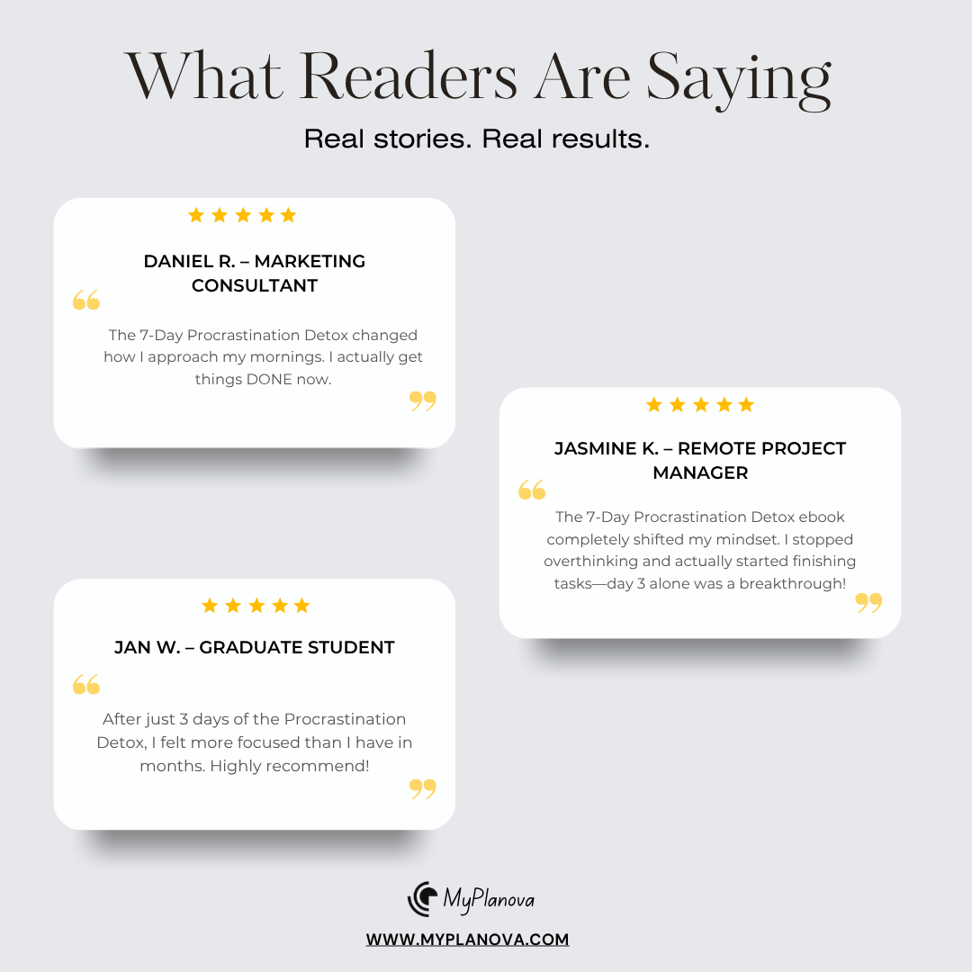 Three customer testimonial quotes praising The 7-Day Procrastination Detox