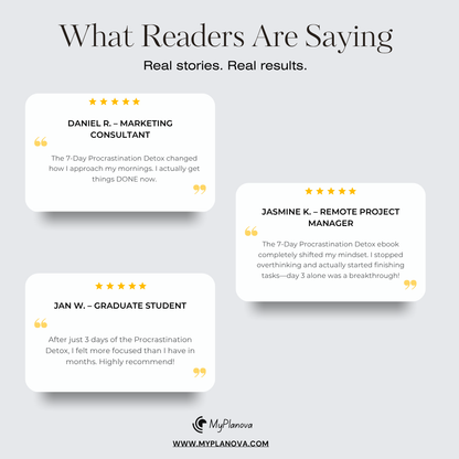 Three customer testimonial quotes praising The 7-Day Procrastination Detox