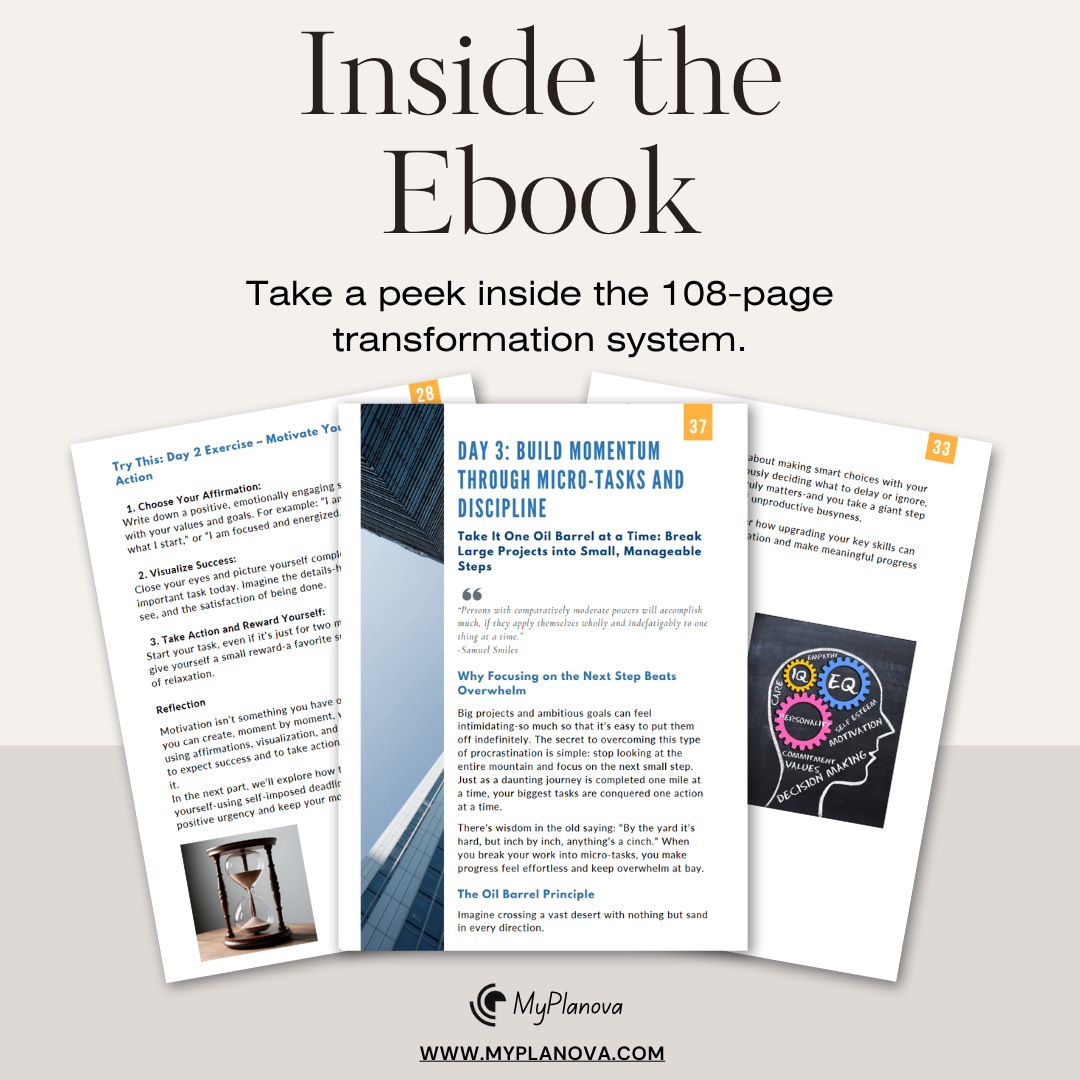 Preview pages from The 7-Day Procrastination Detox ebook, including Day 3 strategy and exercise page