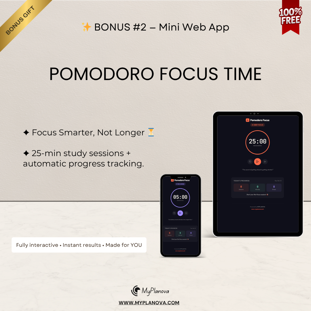 Advertisement for Pomodoro Focus Time app with smartphone and tablet displaying app interface on a light background.