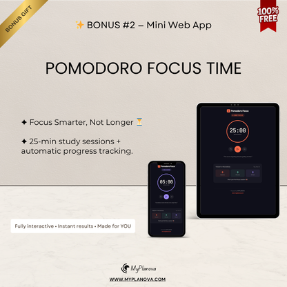 Advertisement for Pomodoro Focus Time app with smartphone and tablet displaying app interface on a light background.