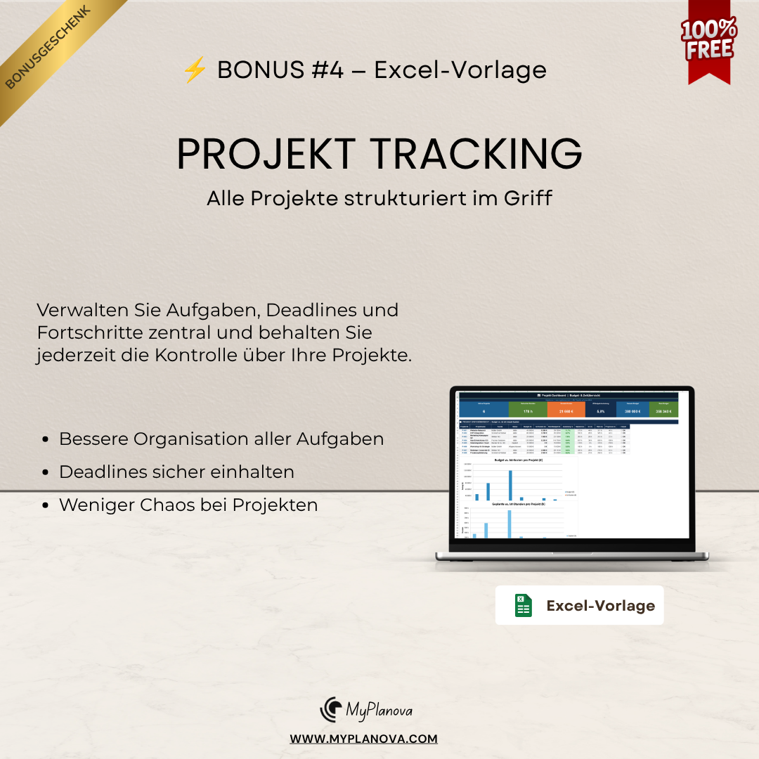 Advertisement for an Excel project tracking template with a laptop displaying the software on a light background.
