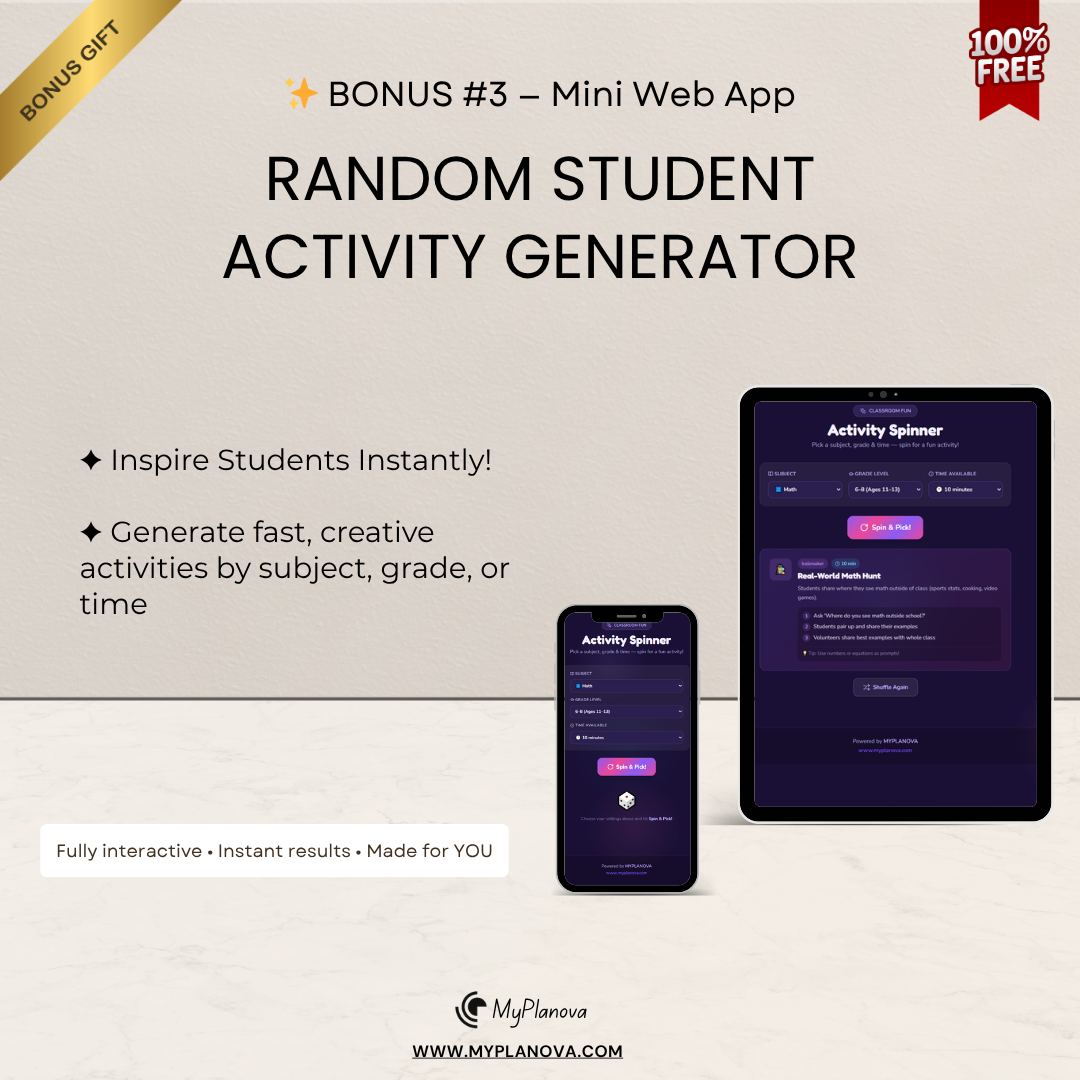 Advertisement for a random student activity generator app on a tablet and phone with promotional text.