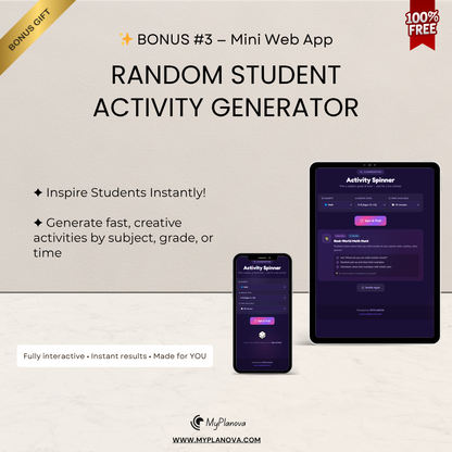 Advertisement for a random student activity generator app on a tablet and phone with promotional text.