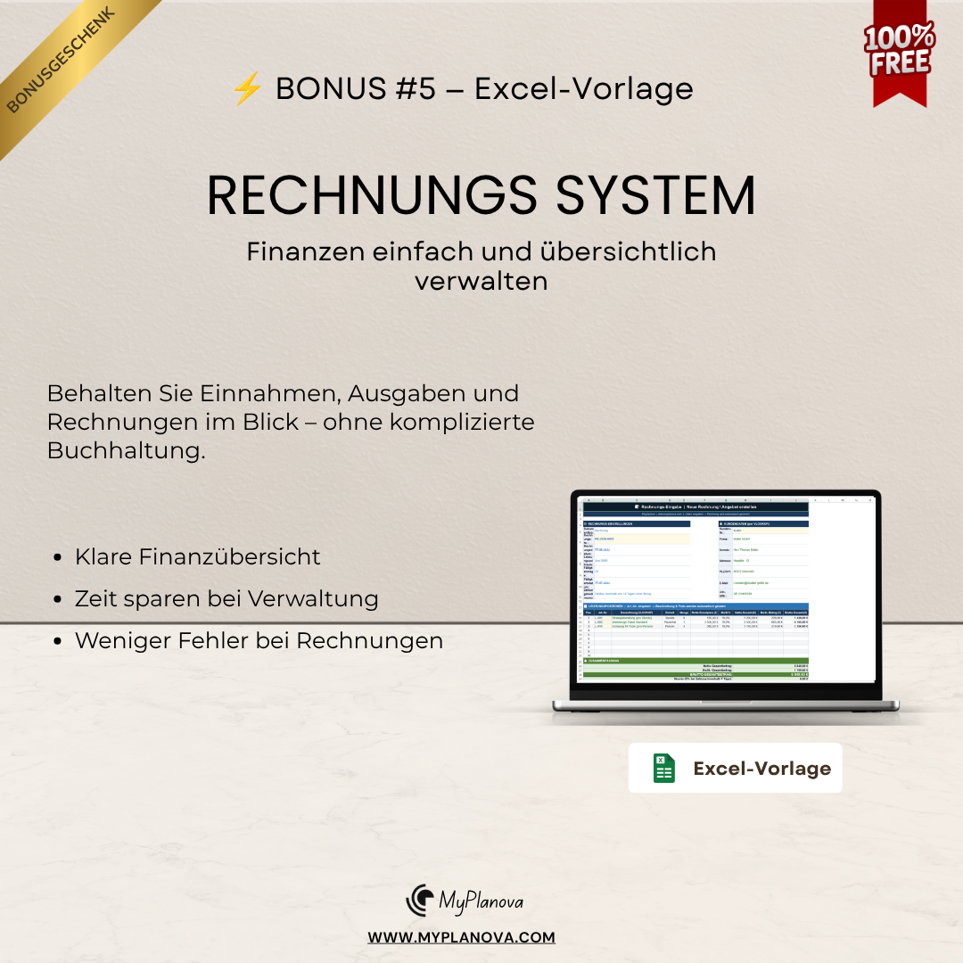 Advertisement for an Excel template to manage finances with a laptop displaying a spreadsheet on a beige background.