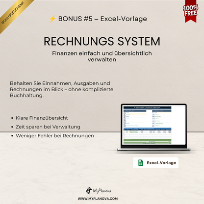 Advertisement for an Excel template to manage finances with a laptop displaying a spreadsheet on a beige background.
