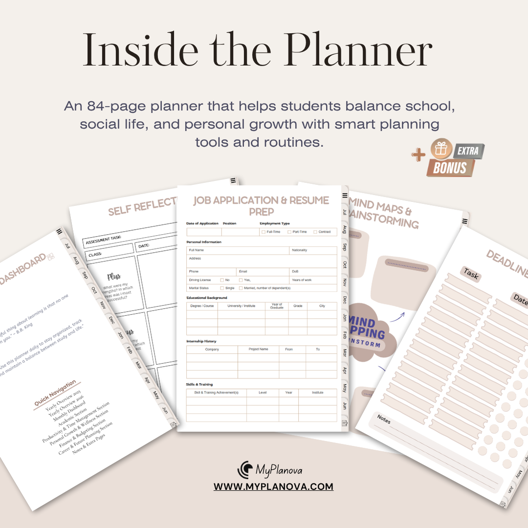 Planner with various pages including self-reflection, job application, and mind mapping sections on a light background.
