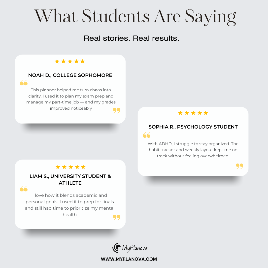 Reviews of a planner from students on a light gray background with 'MyPlanova' branding.