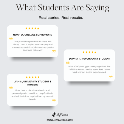 Reviews of a planner from students on a light gray background with 'MyPlanova' branding.