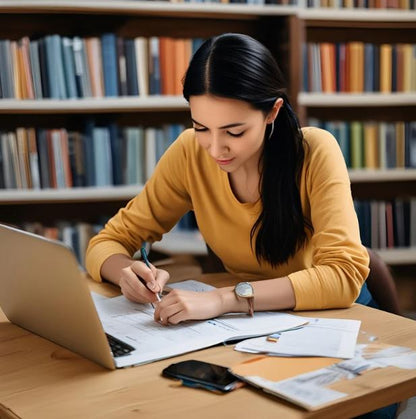 Woman in a yellow sweater working on a laptop at a desk with books in the background