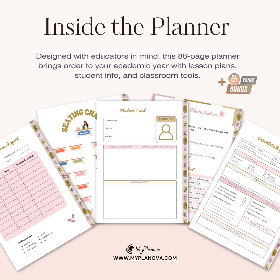 Educational planner with various pages on a light pink background, featuring text about the planner's design for educators.