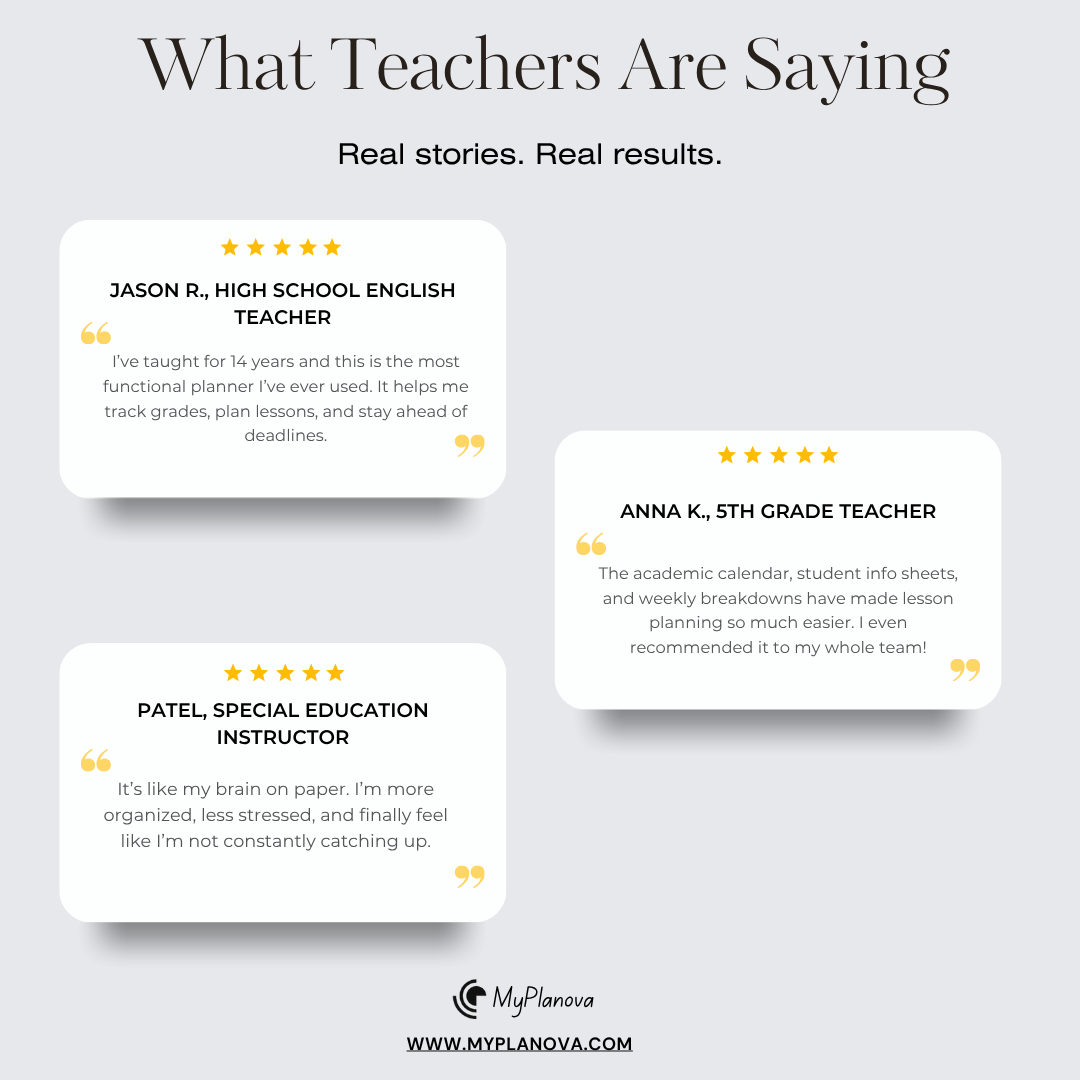 Reviews from teachers praising a planner app with MyPlanova branding.