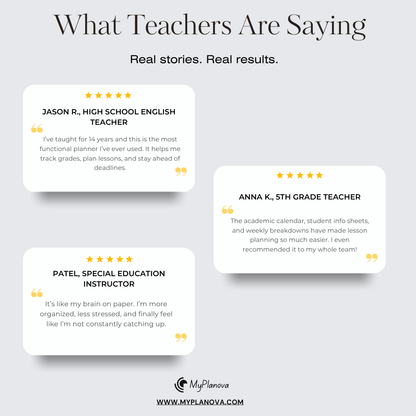 Reviews from teachers praising a planner app with MyPlanova branding.