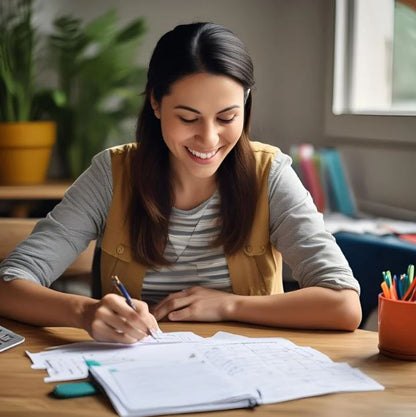 Woman sitting at a desk, smiling and writing in a notebook with a cup of pens nearby.