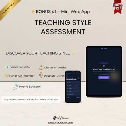 Promotional graphic for a teaching style assessment tool with smartphone and tablet displaying app interface.