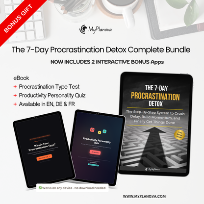 Promotional image of 'The 7-Day Procrastination Detox Complete Bundle' by MyPlanova with digital devices and text.