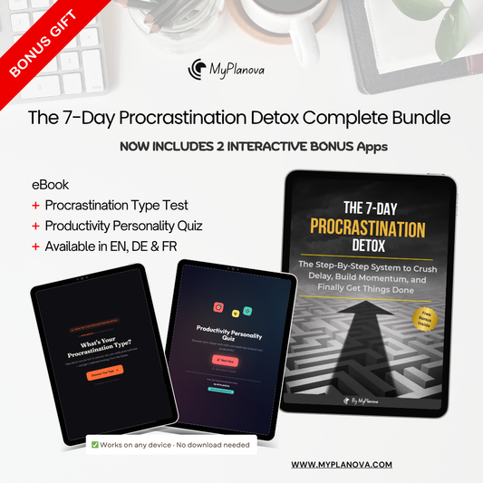 Promotional image of 'The 7-Day Procrastination Detox Complete Bundle' by MyPlanova with digital devices and text.