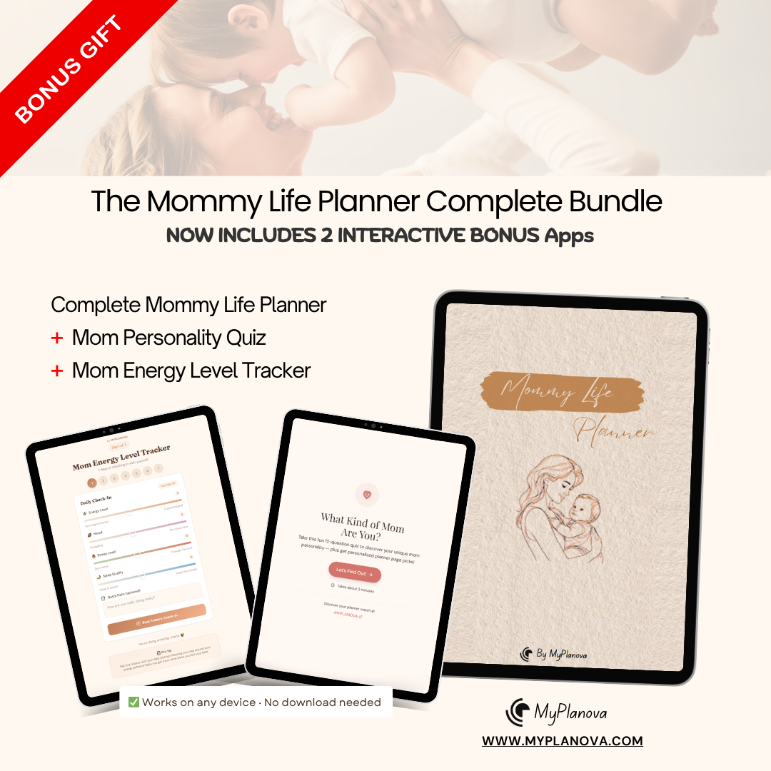 Advertisement for 'The Mommy Life Planner Complete Bundle' with digital devices and app interface.