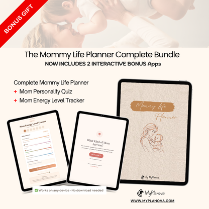 Advertisement for 'The Mommy Life Planner Complete Bundle' with digital devices and app interface.