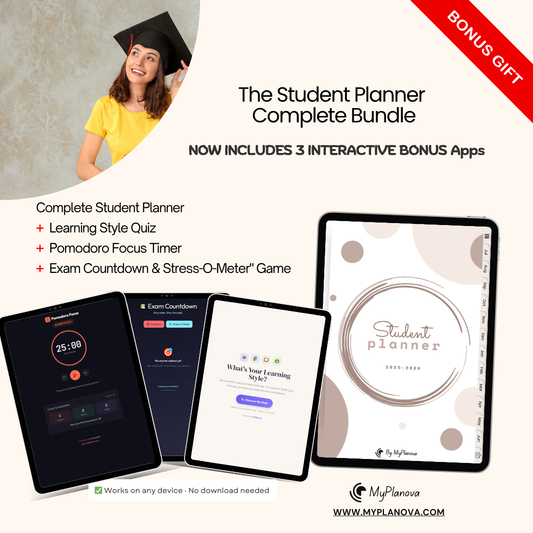 Student planner complete bundle with digital apps and physical planner, featuring MyPlanova brand.