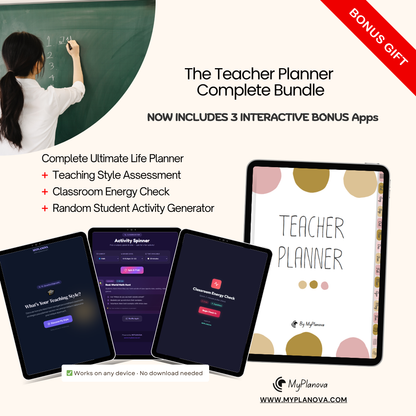 Promotional image of 'The Teacher Planner Complete Bundle' with digital apps and tablet display.