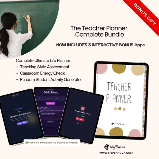Promotional image of 'The Teacher Planner Complete Bundle' with digital apps and tablet display.