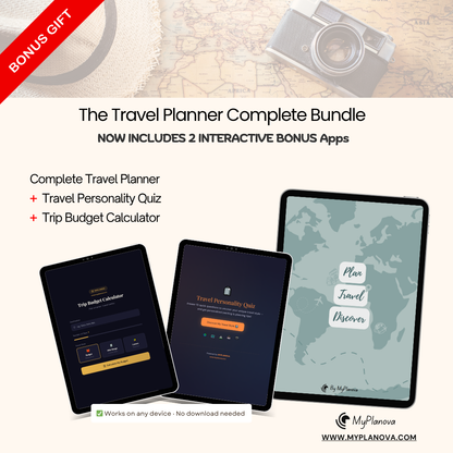 Advertisement for 'The Travel Life Planner Complete Bundle' with digital devices and app interface.