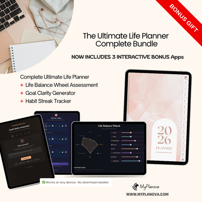 Promotional image of 'The Ultimate Life Planner Complete Bundle' with digital tools and a physical planner.